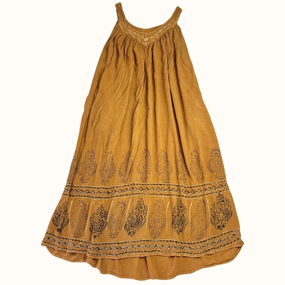Ingear Resort Boho Maxi Dress Mustard Yellow Gauze Embroidered Paisley Boho M